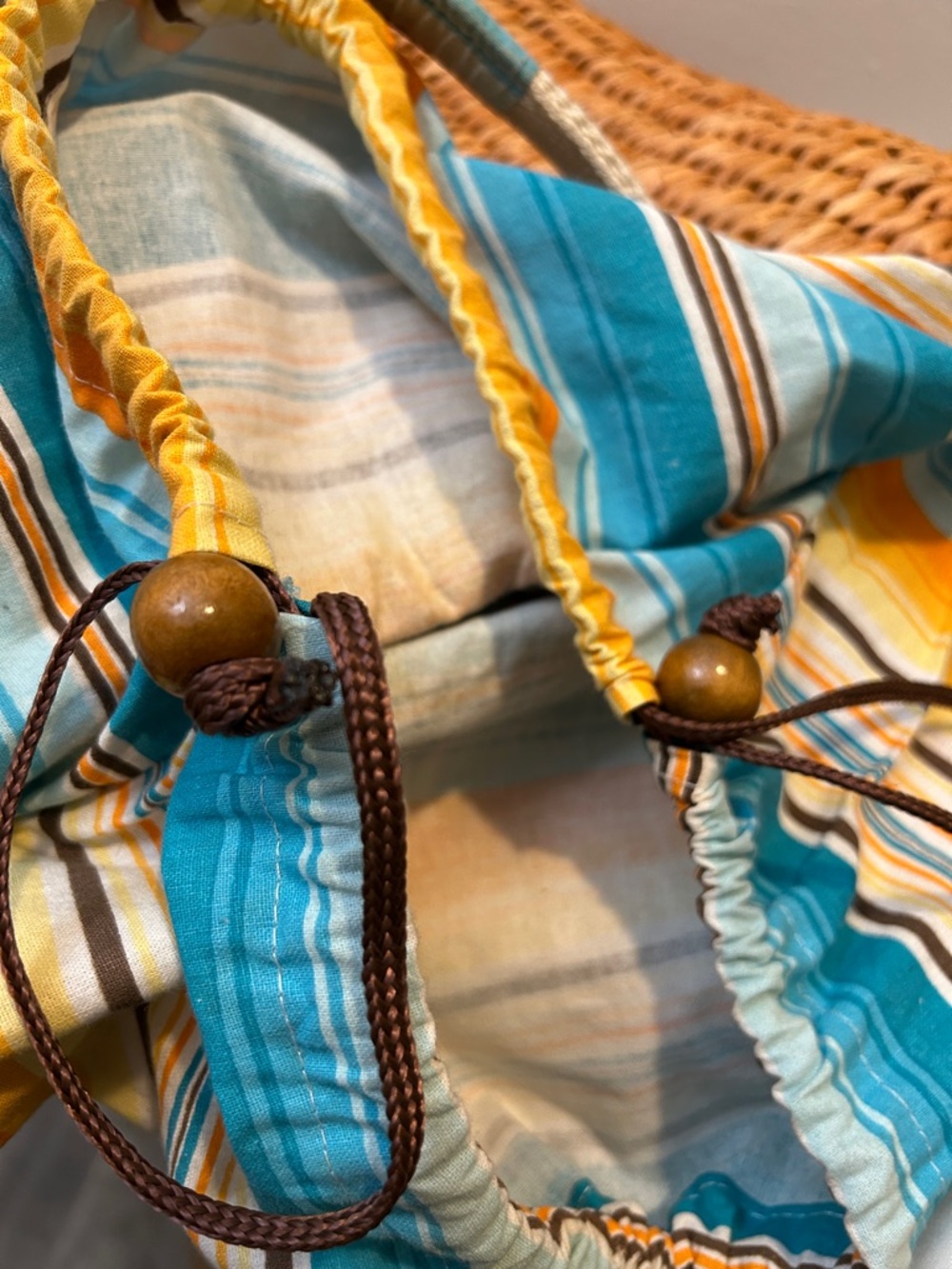Billabong Woven Straw Tote with Yellow & Teal Striped Lining - Picture 10 of 14